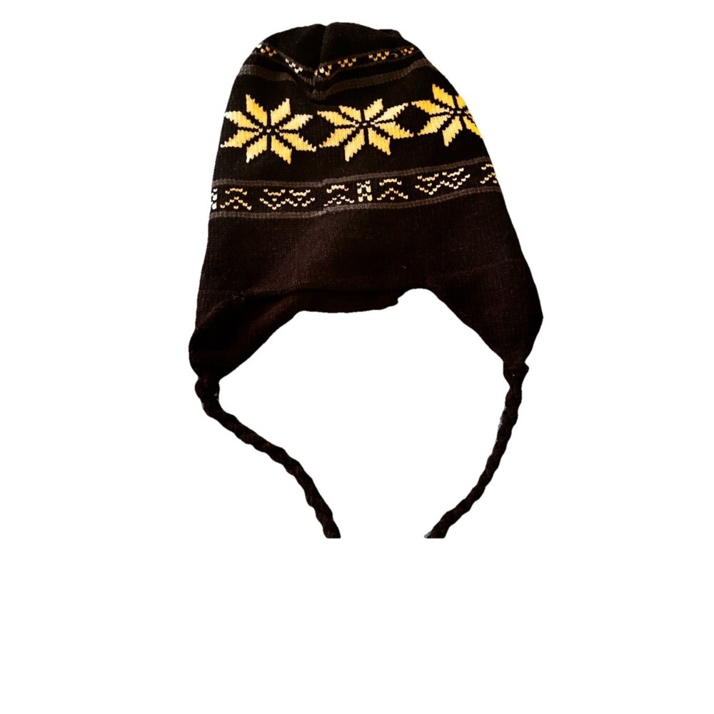 SPY Nordic Snowflake Ear Flap Knit Hat Black Fleece Lined Winter Cap EUC